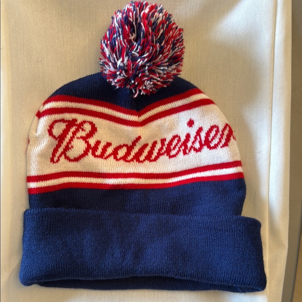 Budweiser Blue and Red Knit Beanie Hat with Pom-Pom